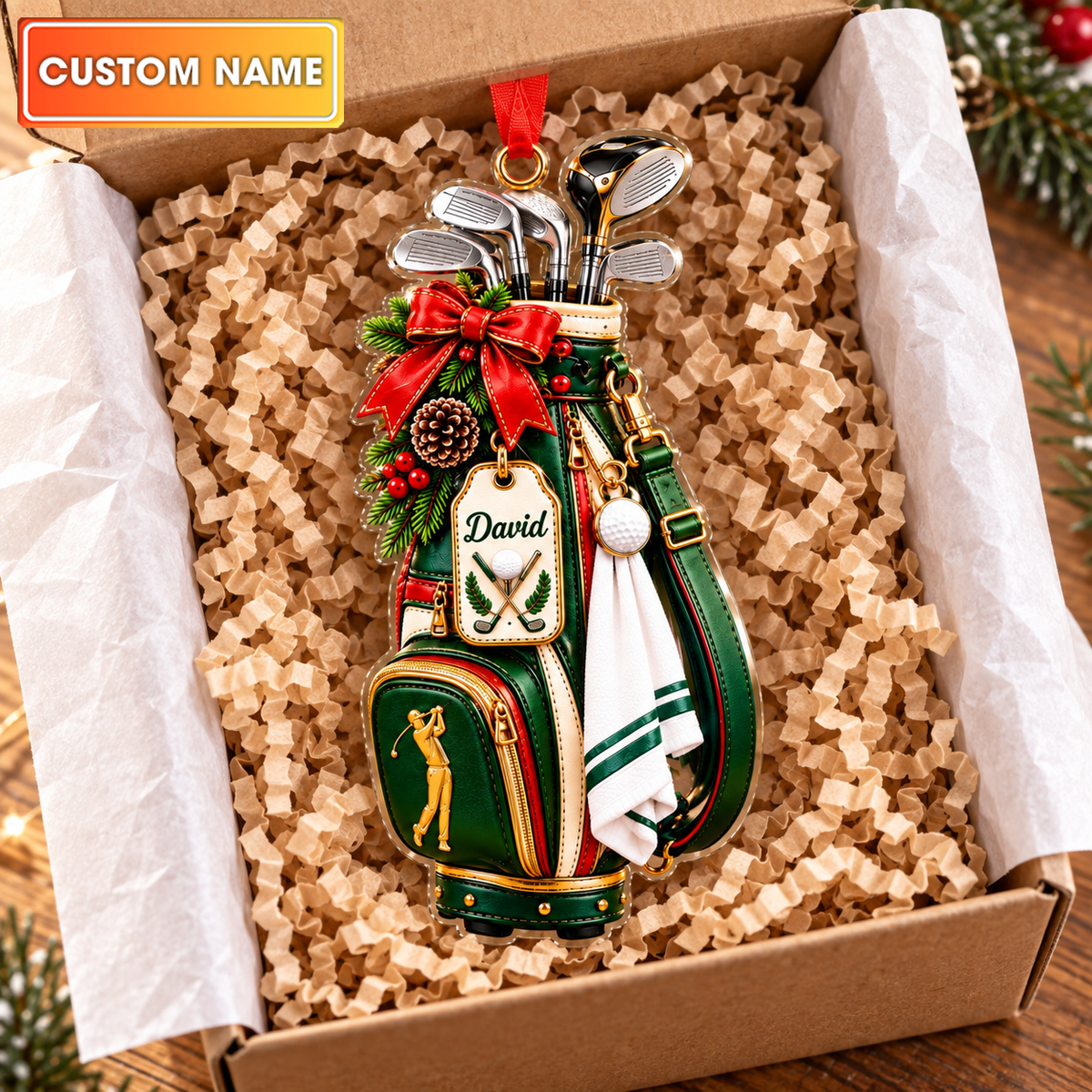 Custom Name Golf Bag Red Bow Acrylic Ornament, Christmas Ornaments, Golfer Gifts