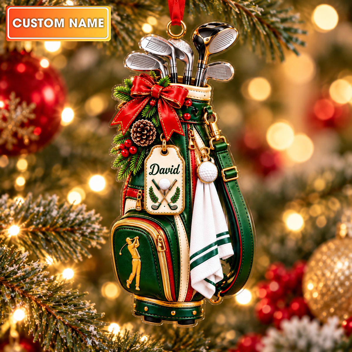 Custom Name Golf Bag Red Bow Acrylic Ornament, Christmas Ornaments, Golfer Gifts