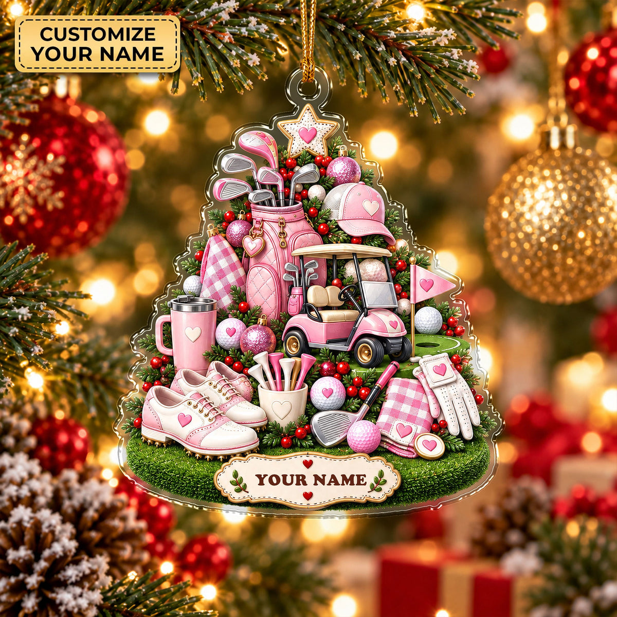 Custom Name Pink Golf Gear Tree Acrylic Ornament, Christmas Tree Decor, Golf Gifts