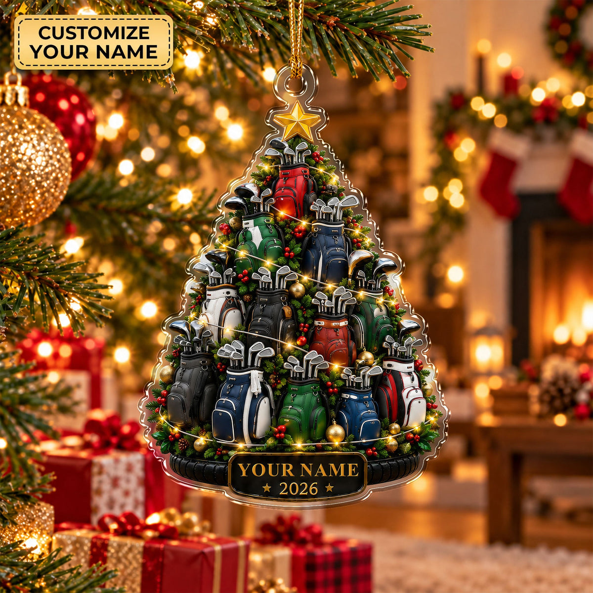 Custom Name Year Golf Bag Tree Acrylic Ornament, Christmas Ornaments, Golfer Gifts