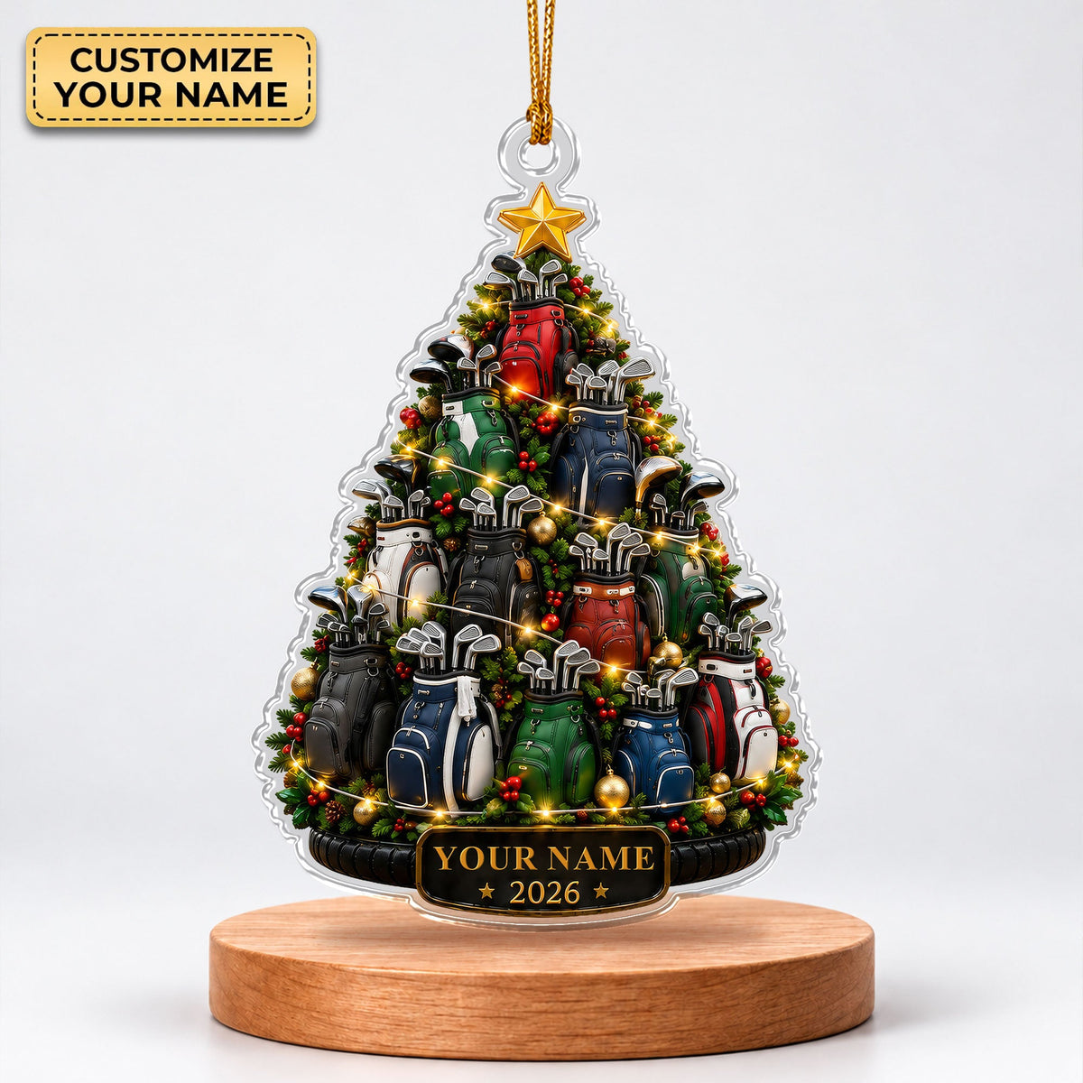 Custom Name Year Golf Bag Tree Acrylic Ornament, Christmas Ornaments, Golfer Gifts
