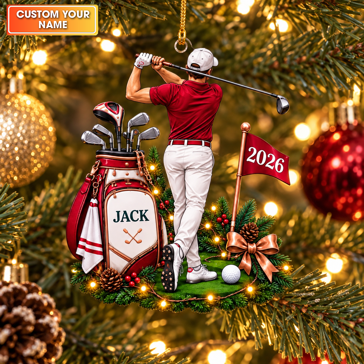 Custom Name Red Male Golfer Acrylic Ornament, Christmas Ornaments, Golf Gifts
