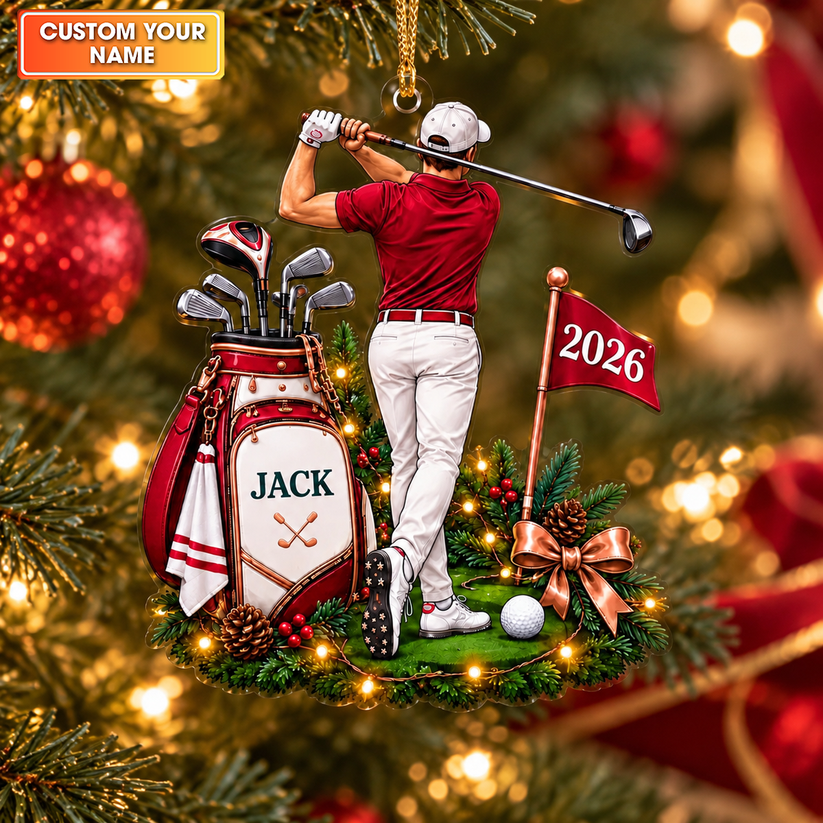 Custom Name Red Male Golfer Acrylic Ornament, Christmas Ornaments, Golf Gifts