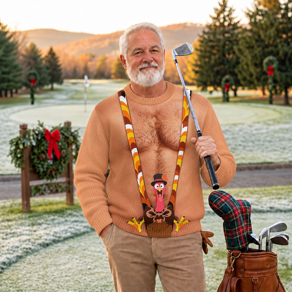 Funny Turkey Suspenders Ugly Christmas Sweater, Thanksgiving Golf Shirt, Golf Lover Gifts