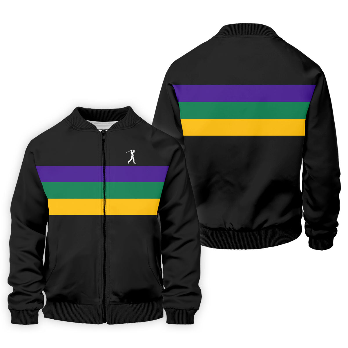 Mardi Gras Purple Green Gold Horizontal Stripes Black Golf Shirt, Golf Tops For Men, Polo ShirtFor Men