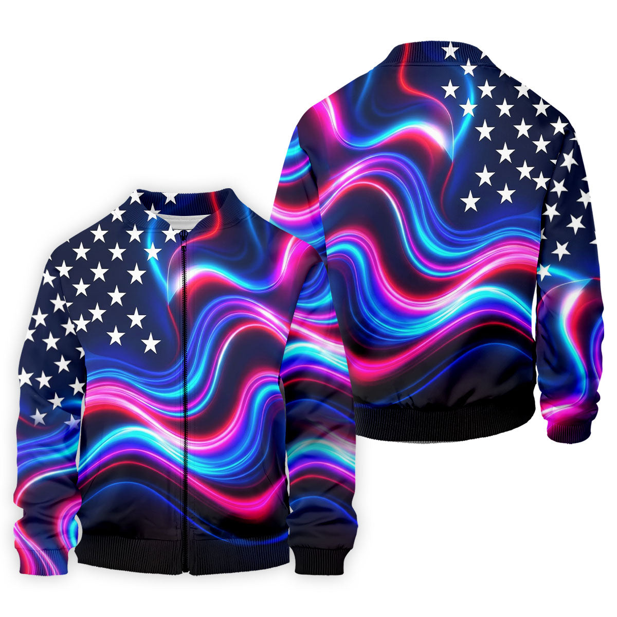 Star Pattern Neon Color Wavy Stripes 250th Anniversary, Patriotic 4th Of July Golf Shirts For Men