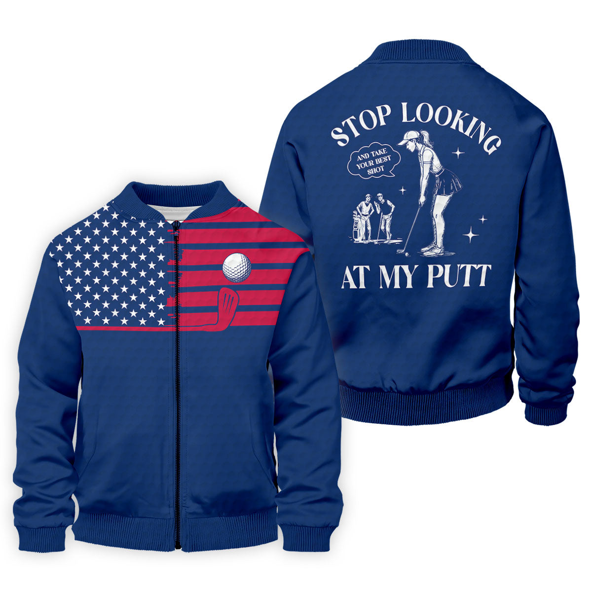 Stop Looking At My Putt US Flag Pattern Funny Golf Shirt, 250 Years 4th Of July Patriotic Golf Shirts For Men