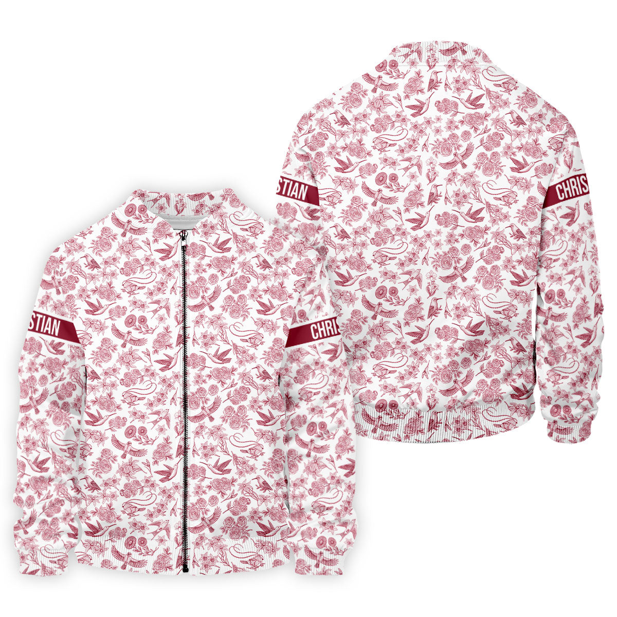 Custom Name Toile de Jouy Birds And Flowers White And Red Polo ShirtFor Men, Golf Gift For Men
