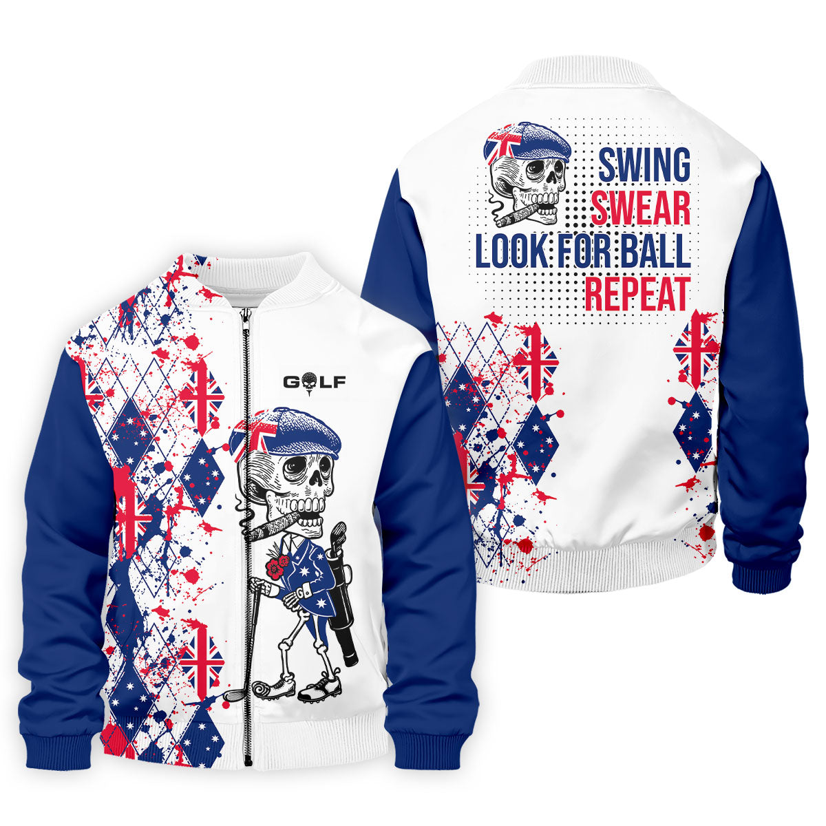 Swing Swear Look For Ball Repeat Australia Flag Print Skeleton Golfer Argyle Golf Shirt, Polo Shirtor Men