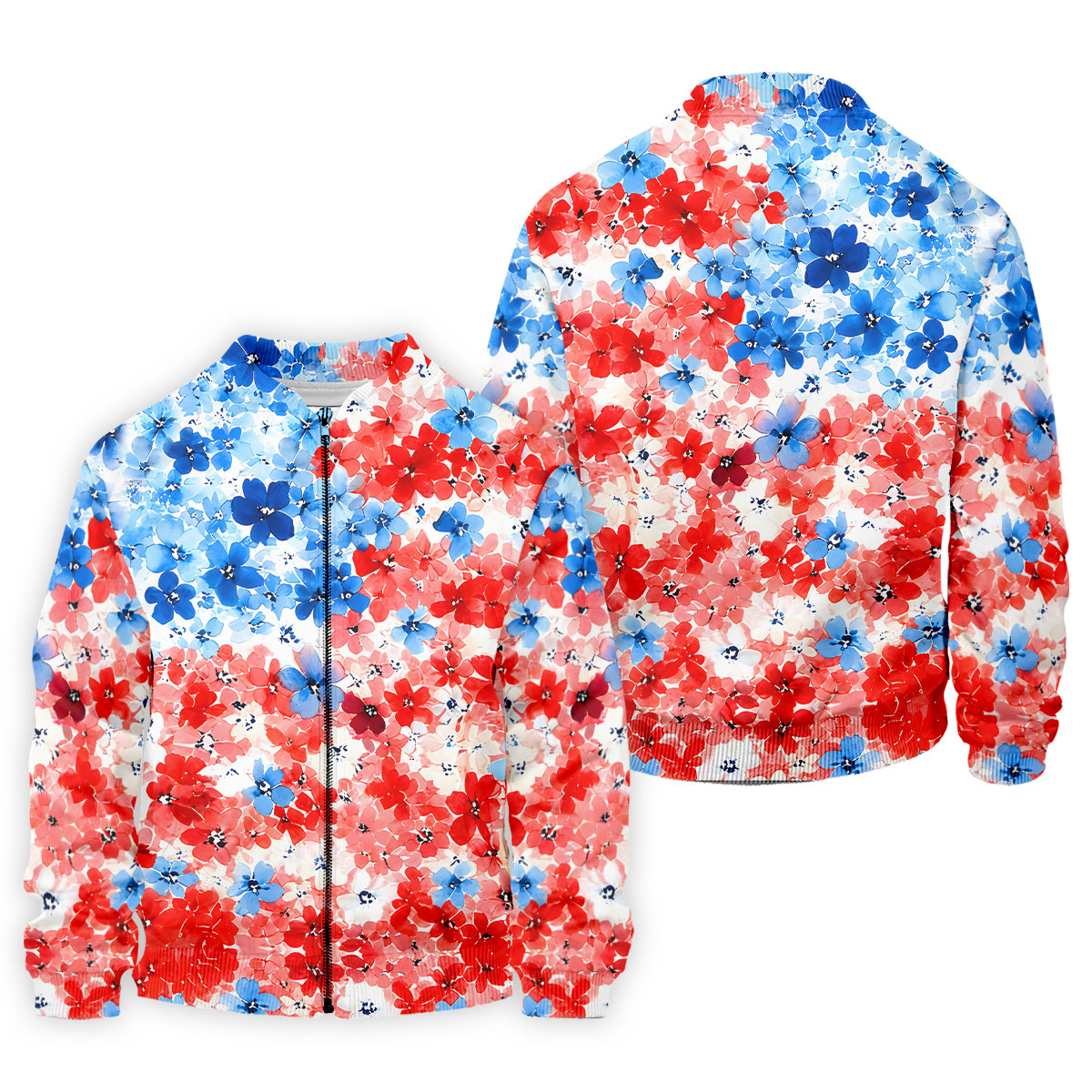 Patriotic Floral Golf Shirt, Red White Blue Blossom Pattern, Golf Shirt For Men
