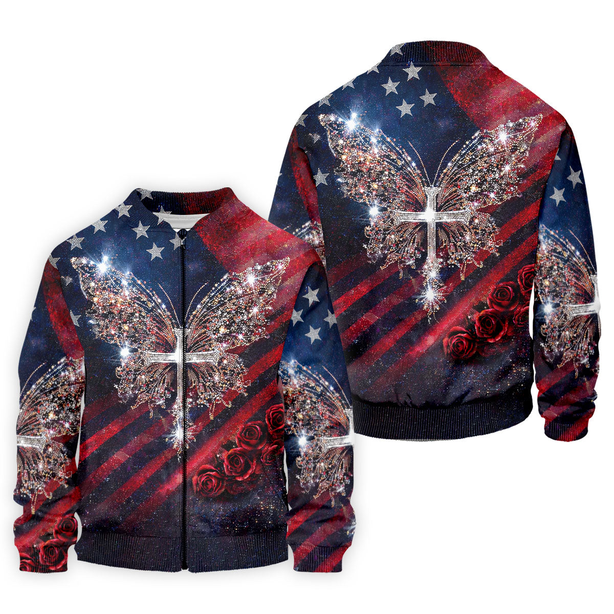 Faith Cross Shimmering Butterfly 250th Anniversary Golf Tops For Men, Patriotic 4th Of July Golf Shirts For Men