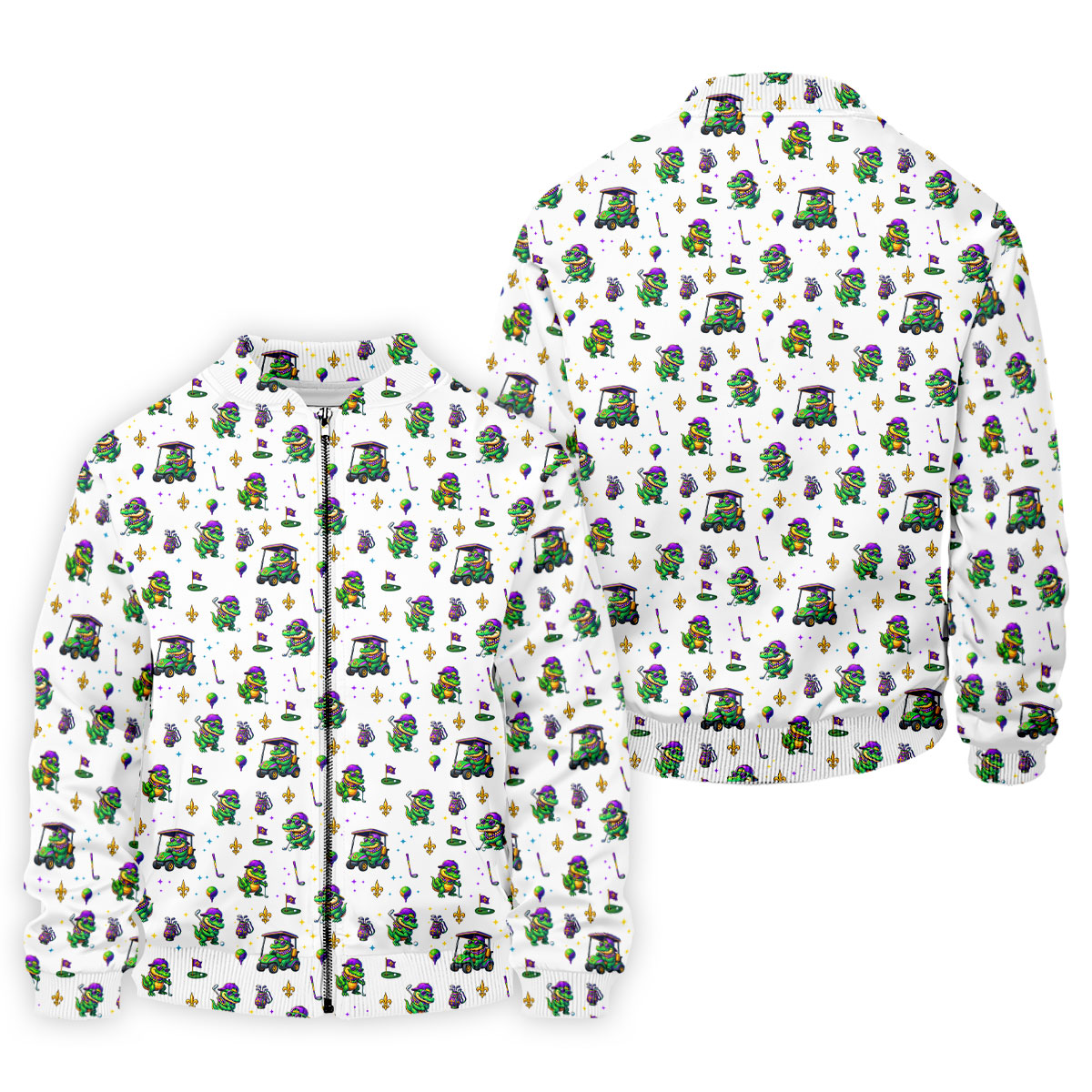 Funny Crocodile Golfing Mardi Gras Golf Shirts, White Golf Shirt, Golf Gift For Men, Golf Shirts For Men