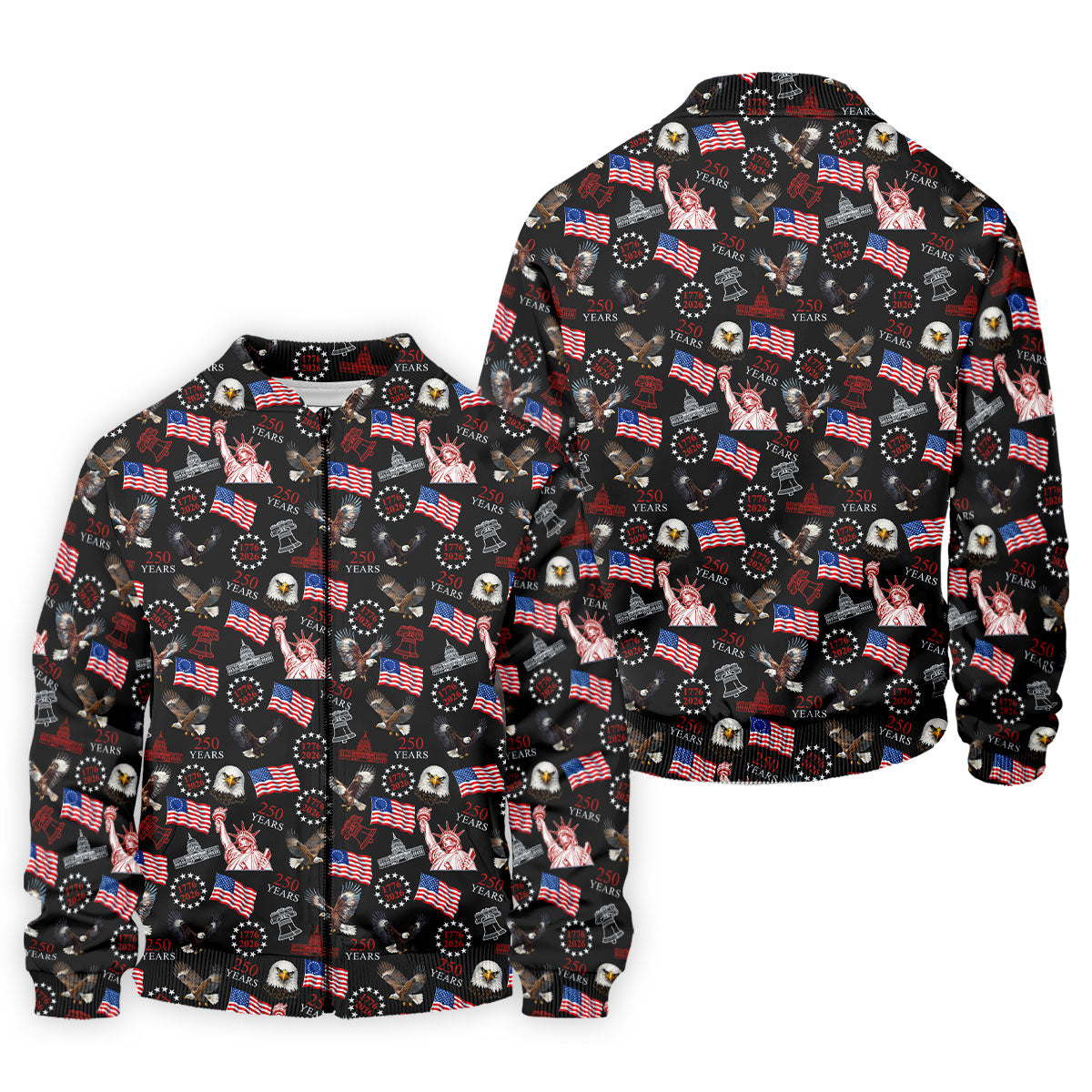 250 Years American Symbol Patriotic Pattern Black Golf Shirt, 4th Of July Golf Shirt, Golf Shirts For Men