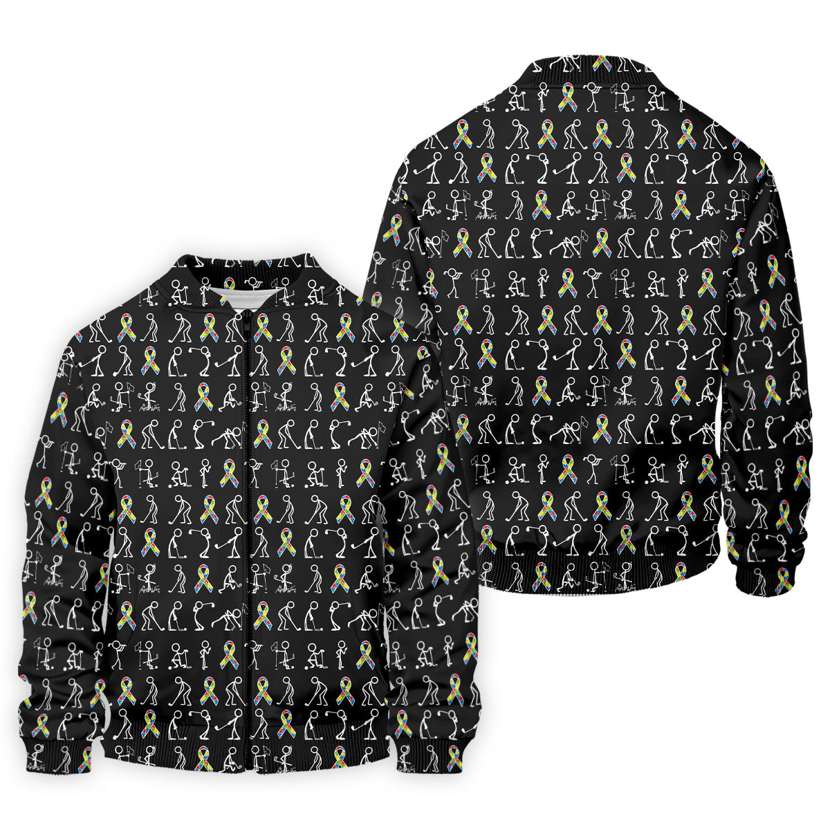 Stick Figure Golf Pose Autism Ribbon Black Golf Shirt, Autism Awareness Colors Golf Shirts For Men