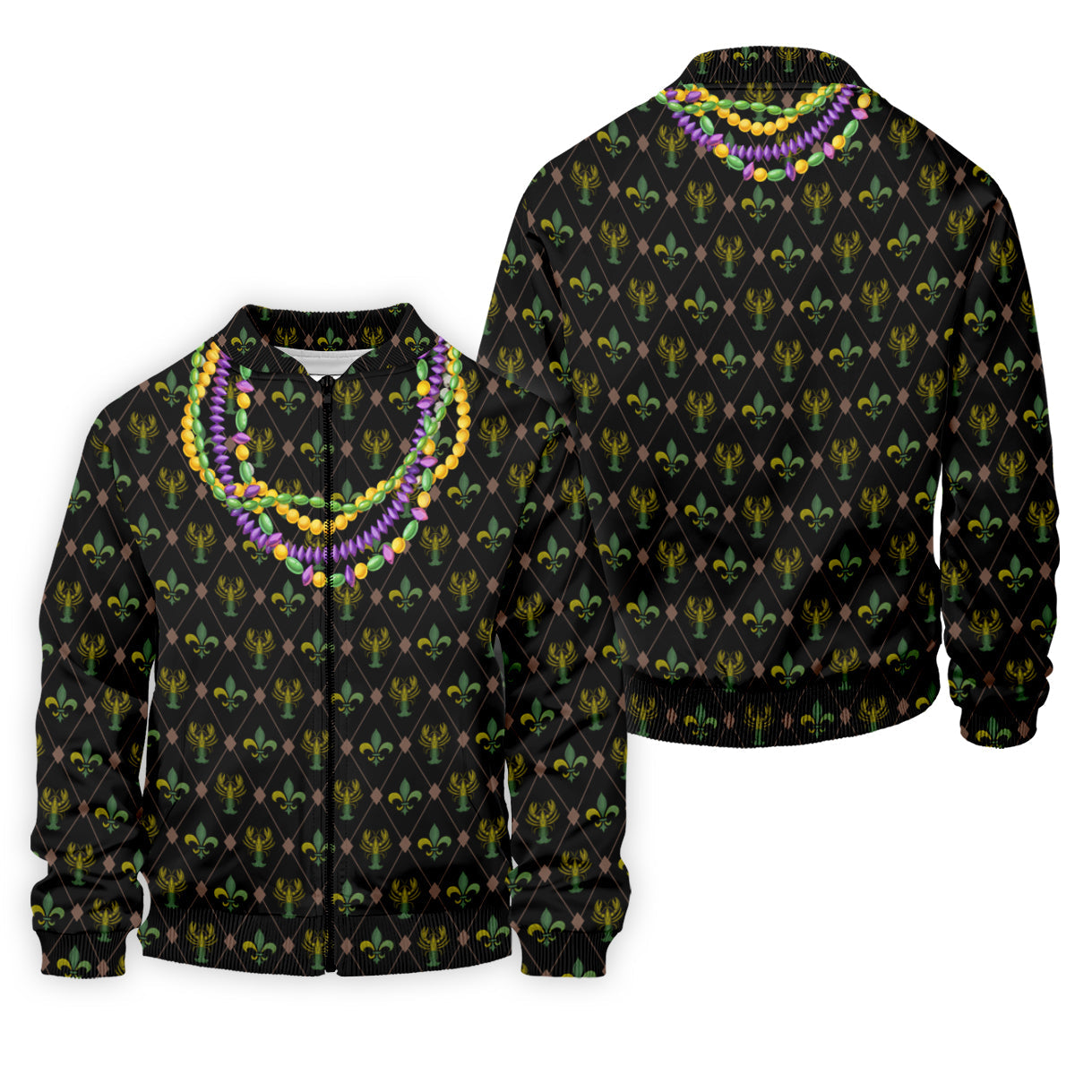 Mardi Gras Purple Green Gold Beads Chain Fleur De Lis Argyle Pattern Black Golf Shirt, Men's Golf Polo Shirts