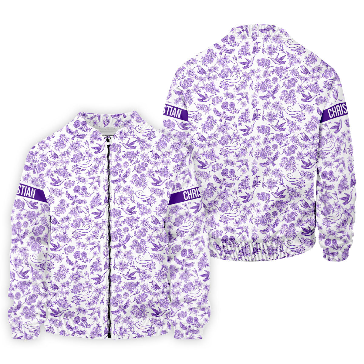 Custom Name Toile de Jouy Birds And Flowers Purple And White Polo ShirtFor Men, Golf Gift For Men