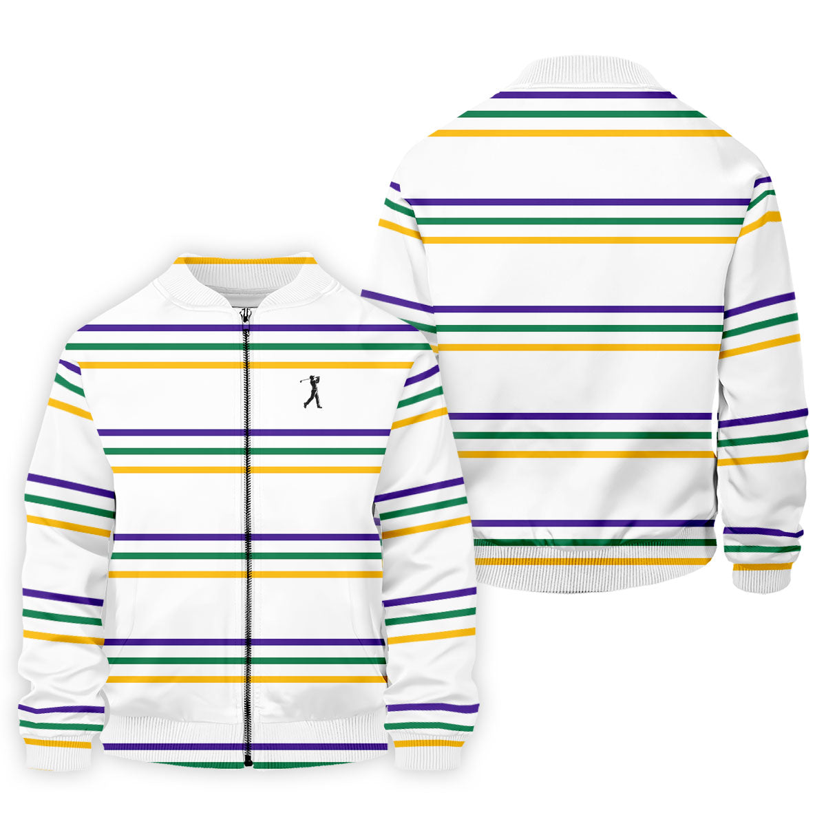 Mardi Gras Purple Green Gold Stripe Pattern Golf Tops For Men, Men's White Polo, Golf Shirts For Men