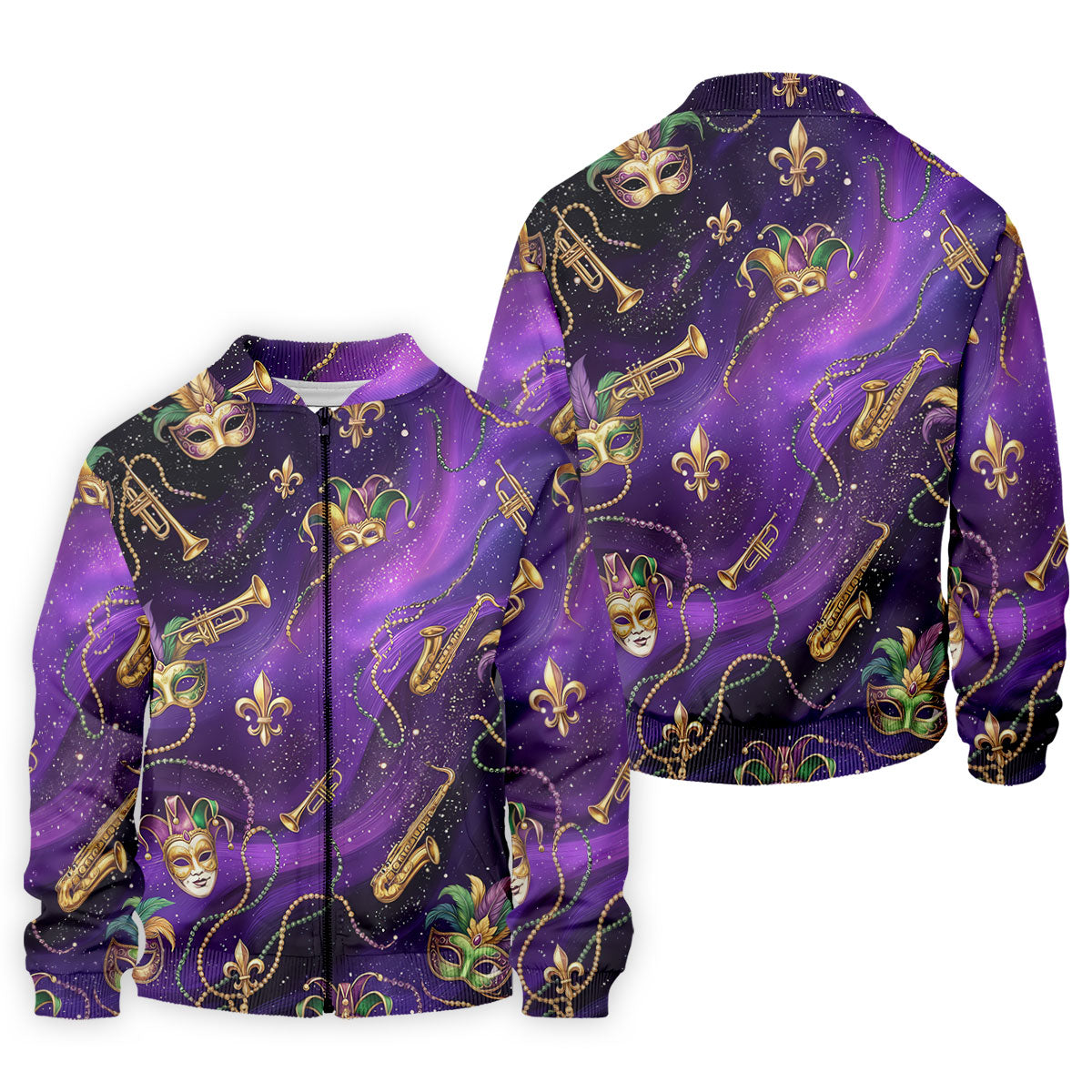 Golden Fleur De Lis Trumpet And Saxophone Mardi Gras Masquerade Mask Purple Golf Shirt, Golf Shirts For Men