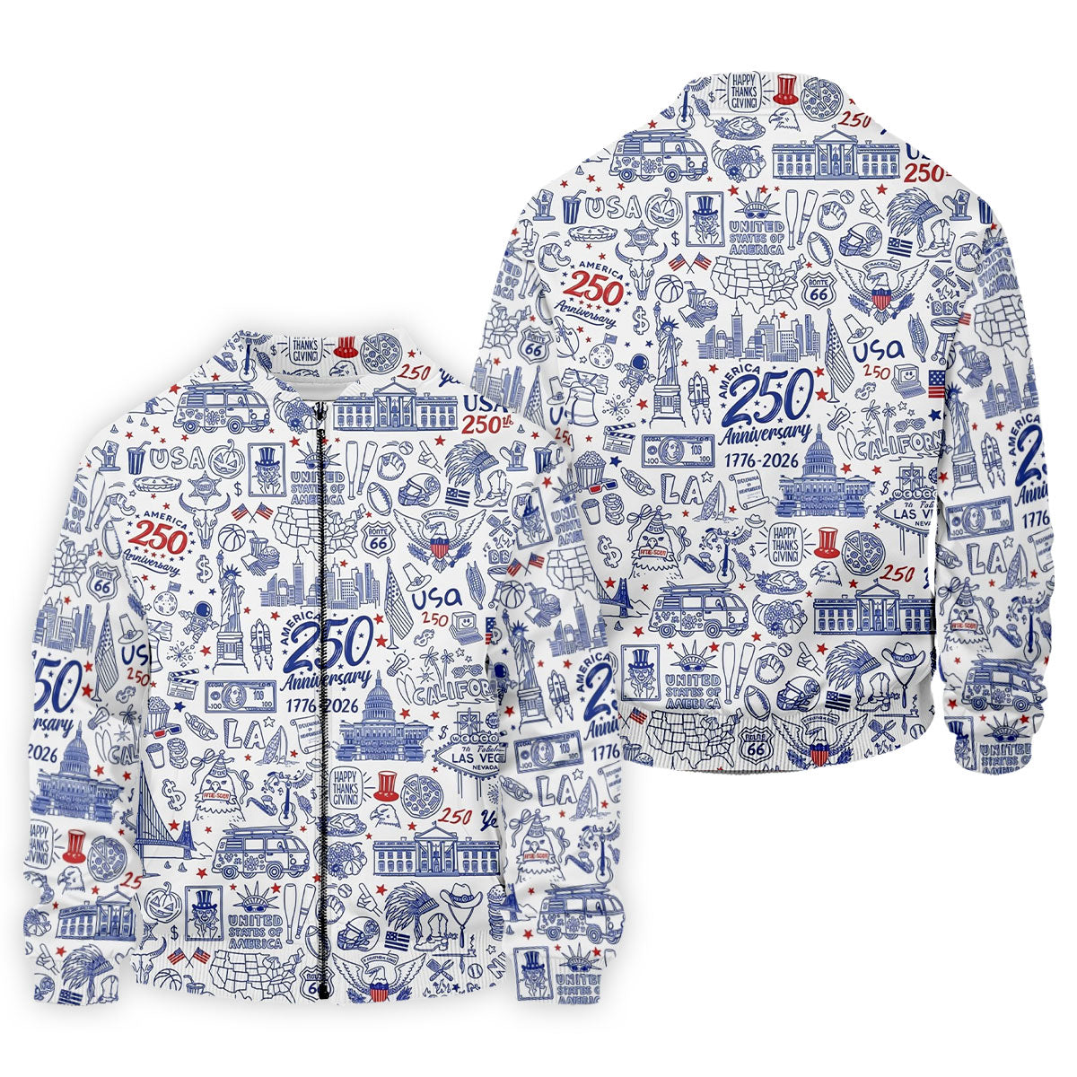 America 250 Anniversary US Symbols Doodle Pattern Patriotic Golf Shirt, 4th Of July Golf Shirts For Men