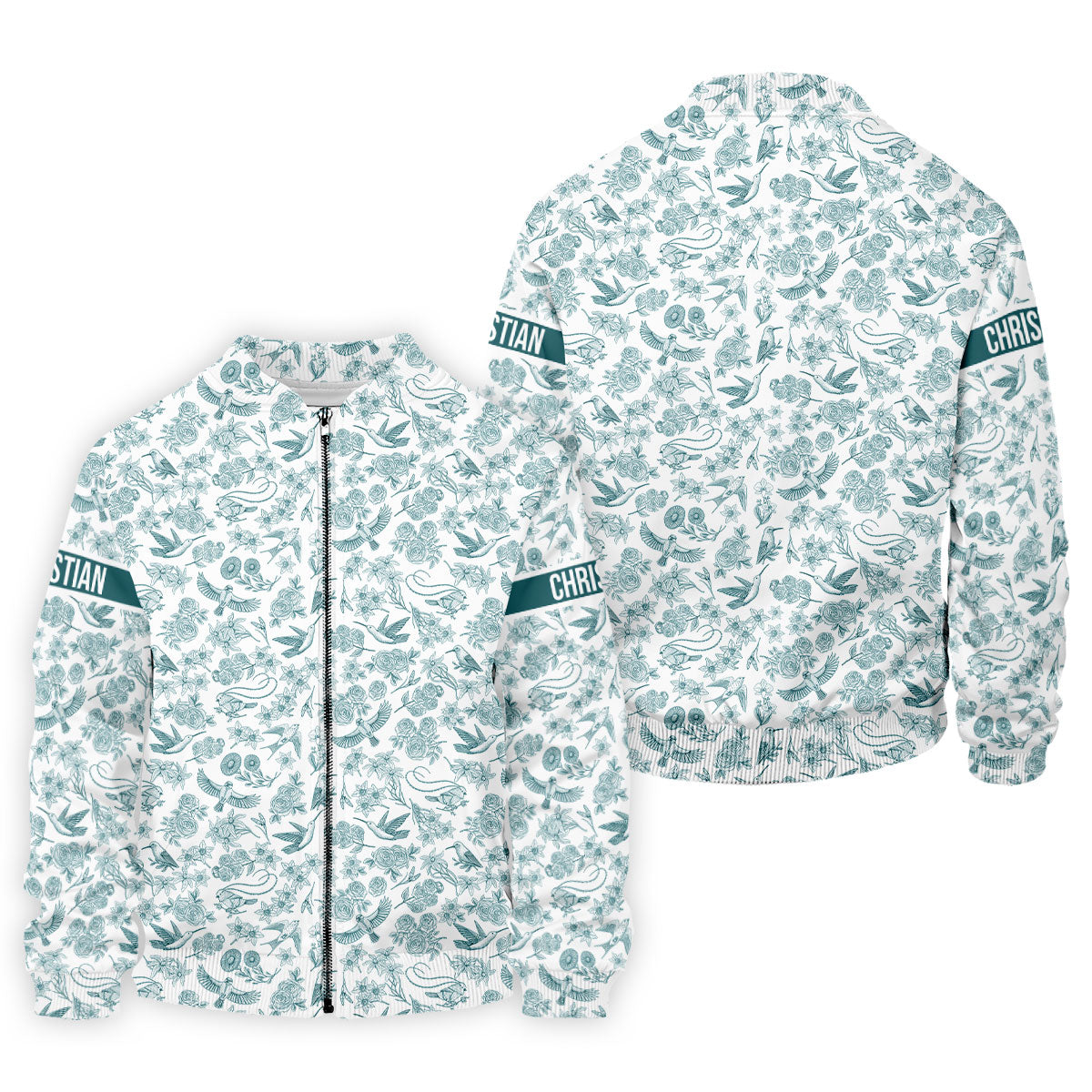 Custom Name Toile de Jouy Birds And Flowers Teal And White Polo ShirtFor Men, Golf Gift For Men