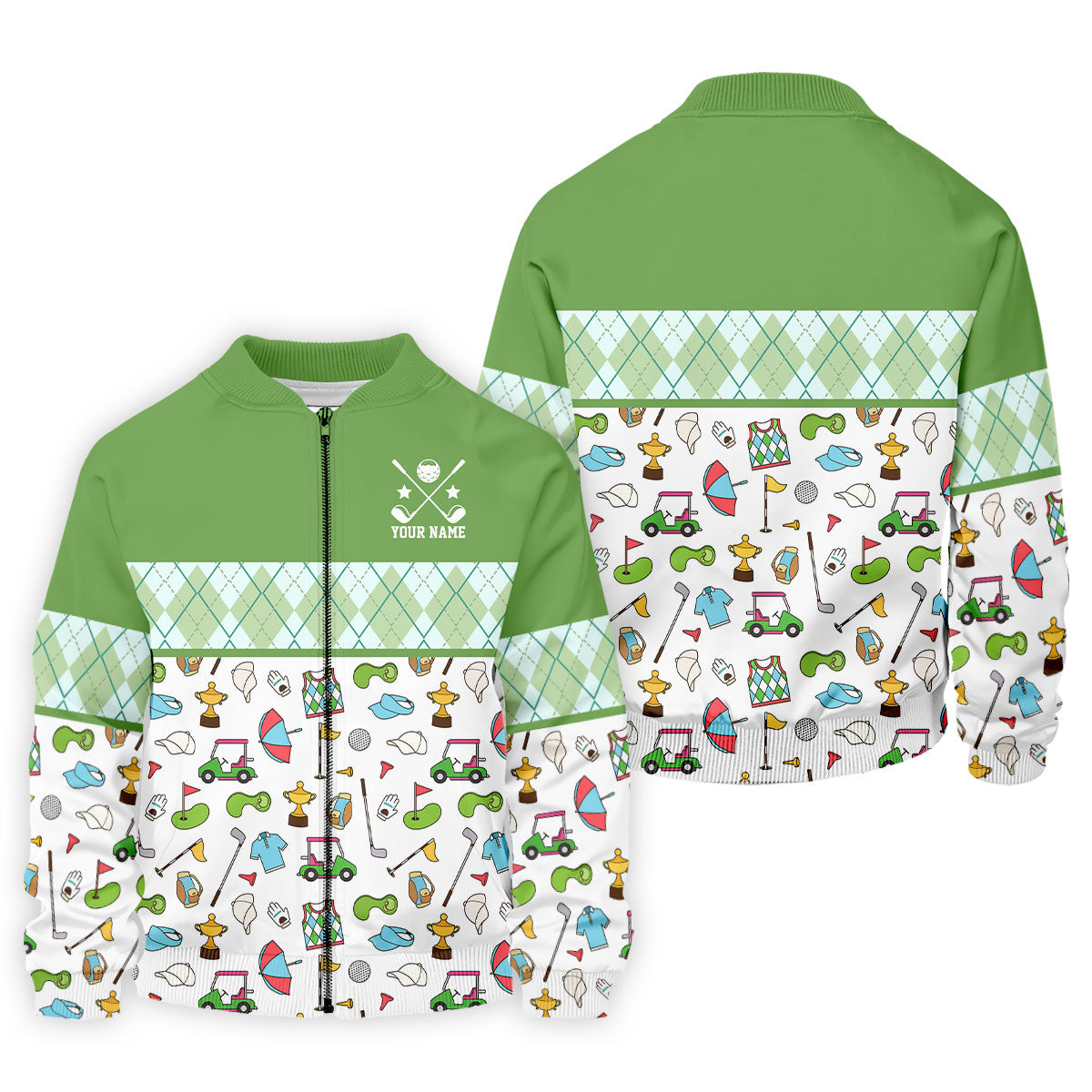 Custom Name Green Argyle Golf Icons Pattern Golf Shirt, Mens Golf Polo, Golf Shirts For Men, Printed Golf Shirts
