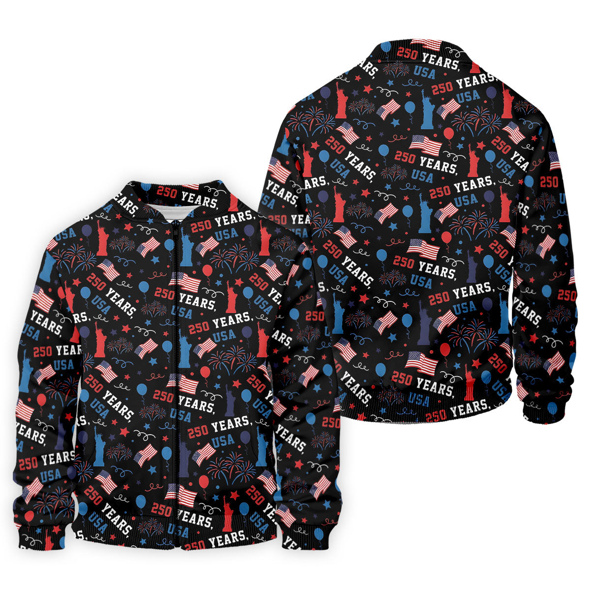 250 Years USA Red White Blue Seamless Pattern Black Golf Shirt, Patriotic 4th Of July Golf Shirts For Men