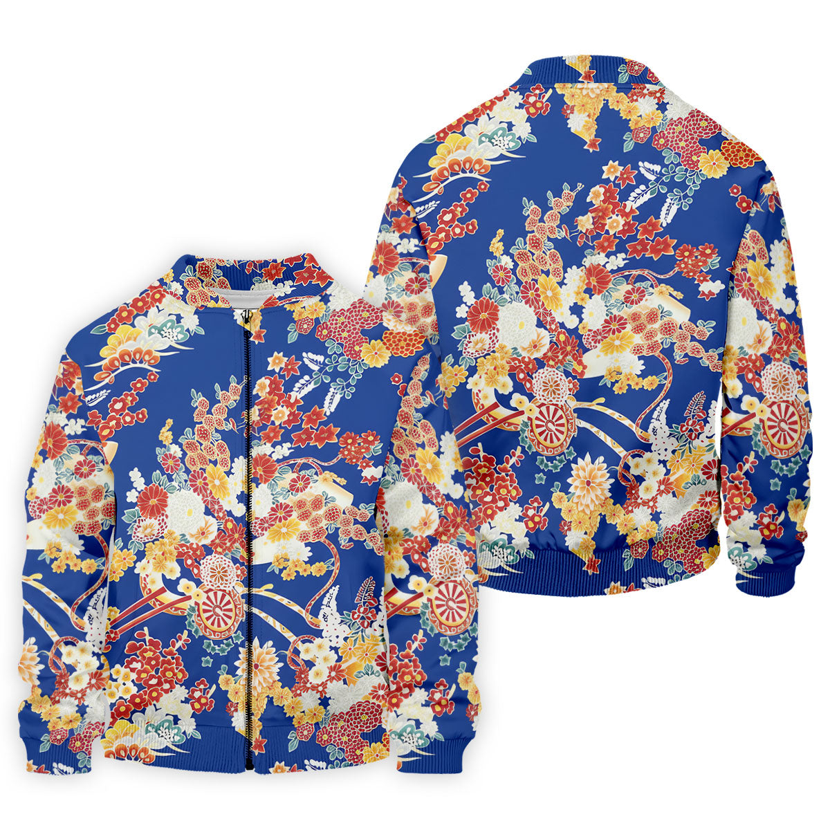 Royal Blue Japanese Floral Pattern Golf Shirt, Mens Golf Apparel, Printed Golf Shirts