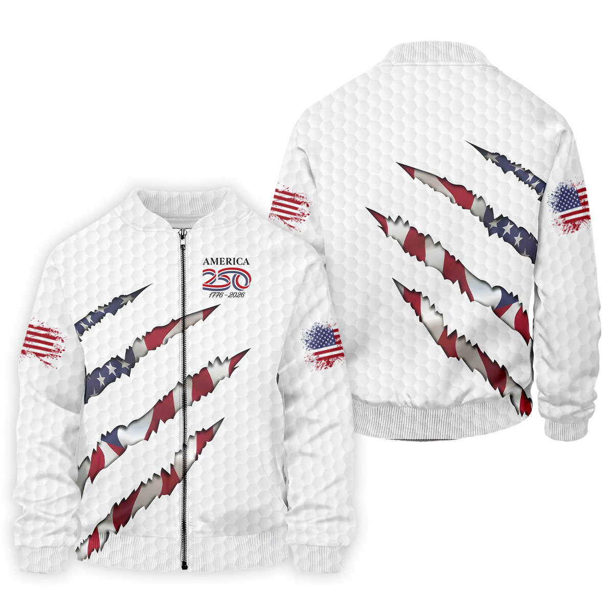 America 250 1776-2026 Scratched Flag Golf Ball Pattern White Golf Shirt, Patriotic 4th Of July Golf Shirts For Men