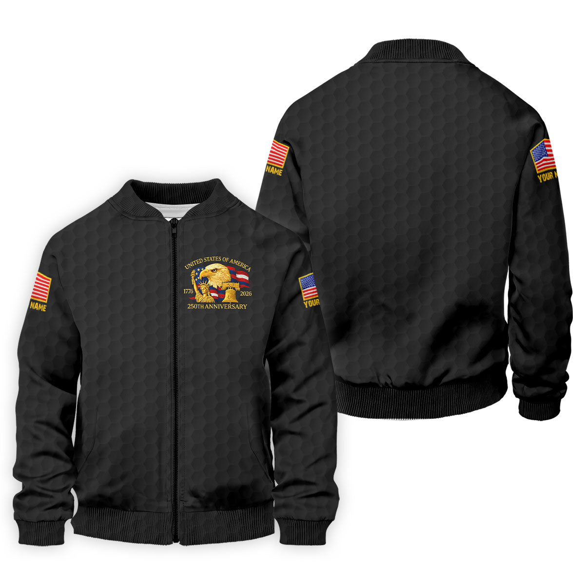 United States 250th Anniversary Patriotic Eagle Black Custom Golf Shirts, 4th Of July Golf Shirts For Men
