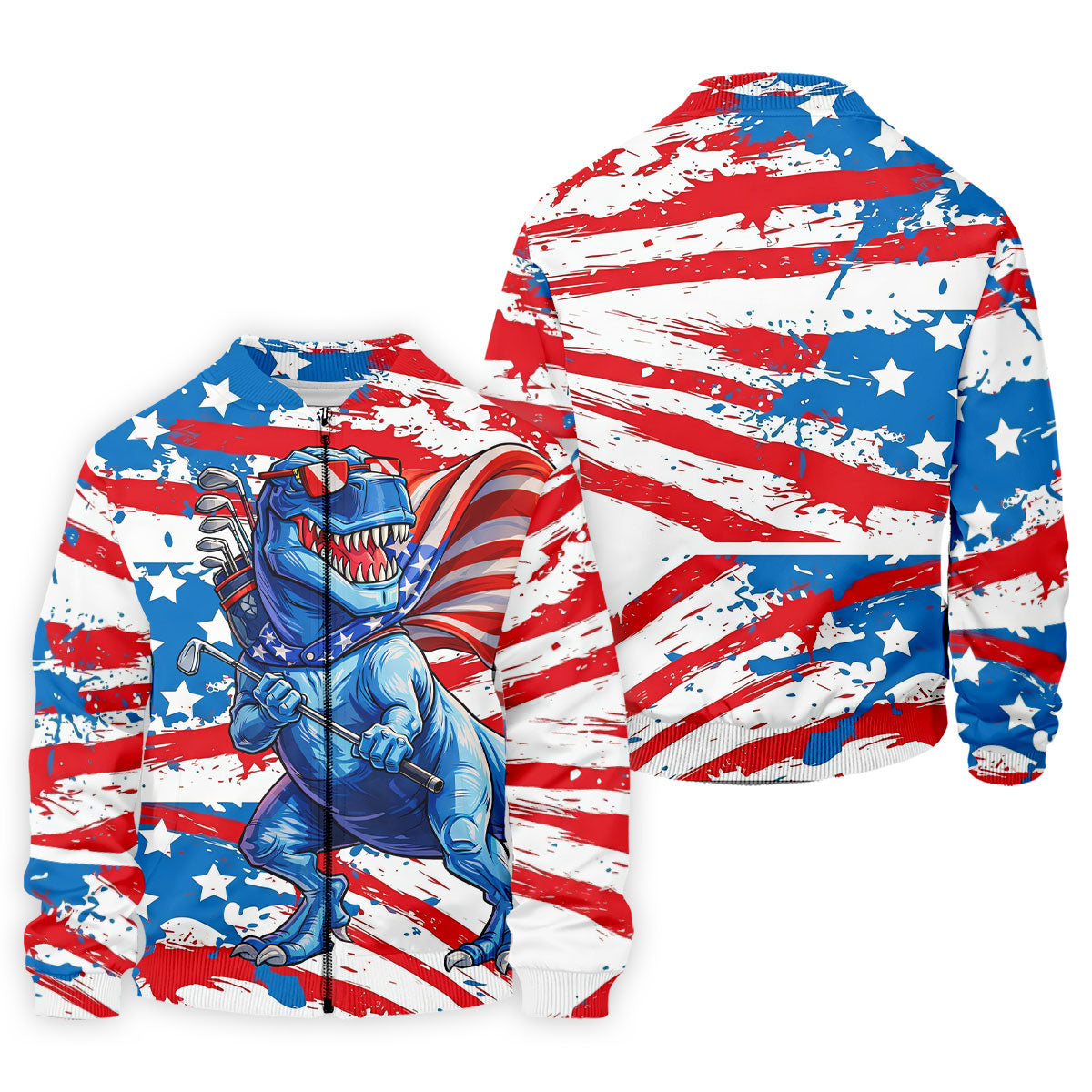Funny Dinosaur USA Flag Print 250 Years Anniversary Golf Tops For Men, 4th Of July Patriotic Golf Shirt