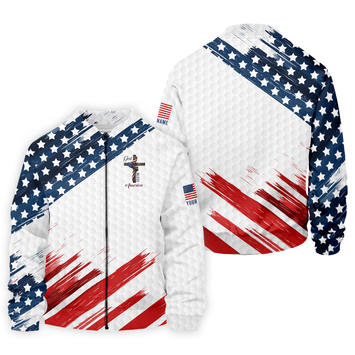 God Bless America Faith Cross US Flag Brush White Golf Shirt, Patriotic 4th Of July Golf Shirts For Men