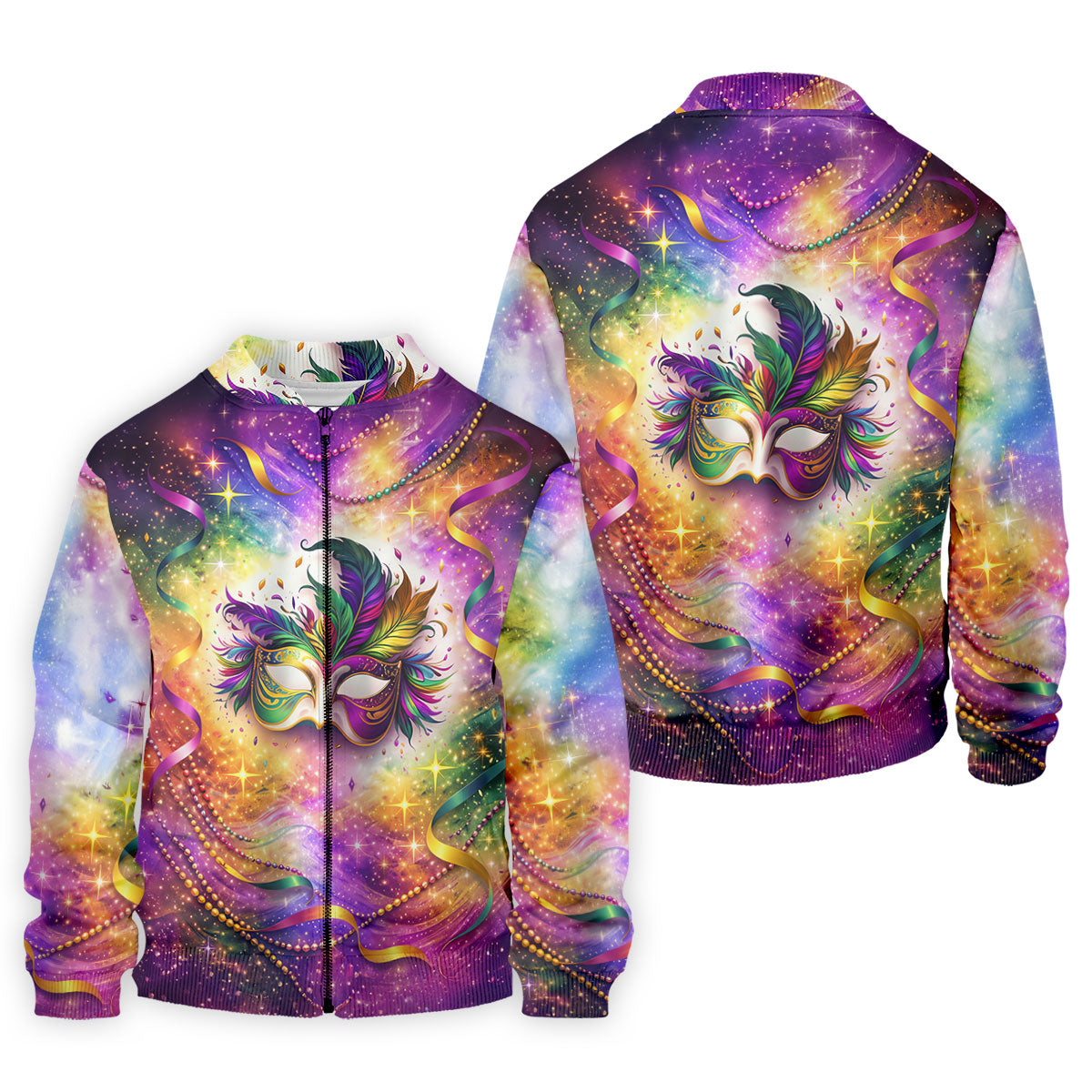 Carnival Mask Feather Print Purple Green Gold Dazzling Effect Mardi Gras Polo ShirtFor Men, Golf Shirts For Men