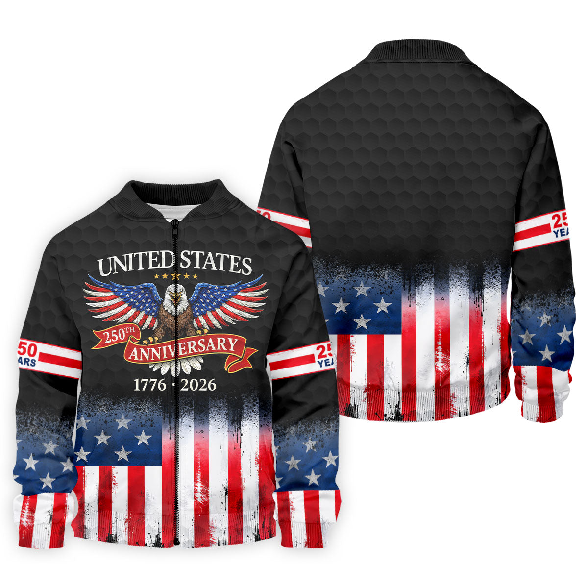 US Bald Eagle 250th Anniversary Celebration Ribbon Black Golf Shirt, Patriotic 4th Of July Golf Shirts For Men