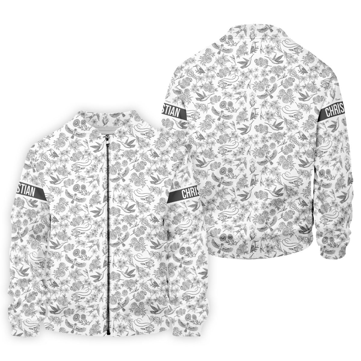 Custom Name Toile de Jouy Birds And Flowers Grey And White Polo ShirtFor Men, Golf Gift For Men