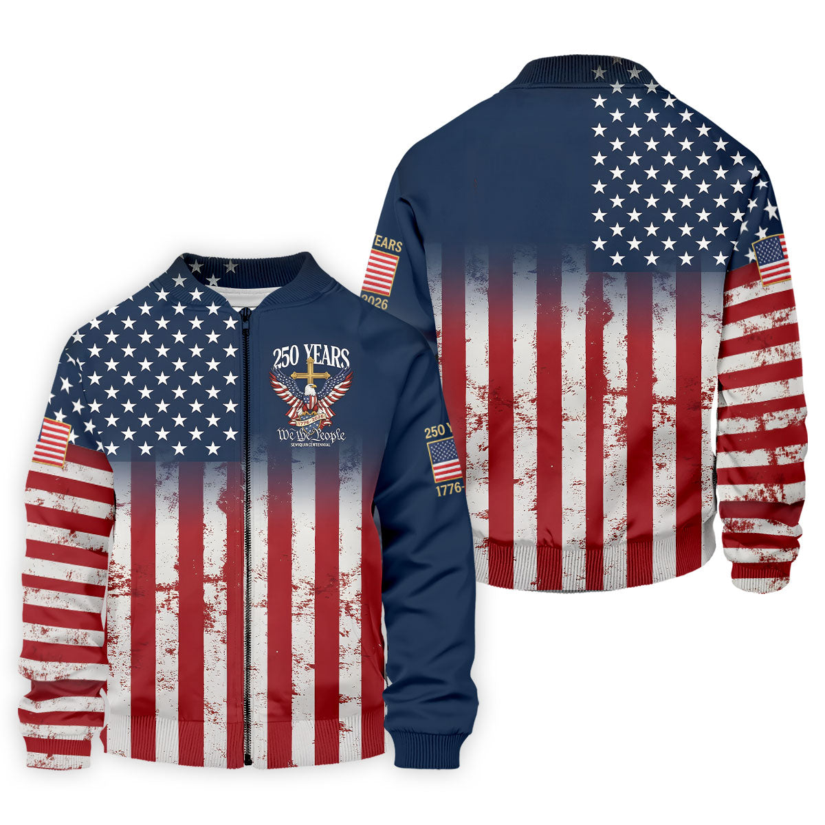 250 Years We The People Bald Eagle US Flag Cross Faith Golf Shirts For Men, Patriotic Golf Shirt