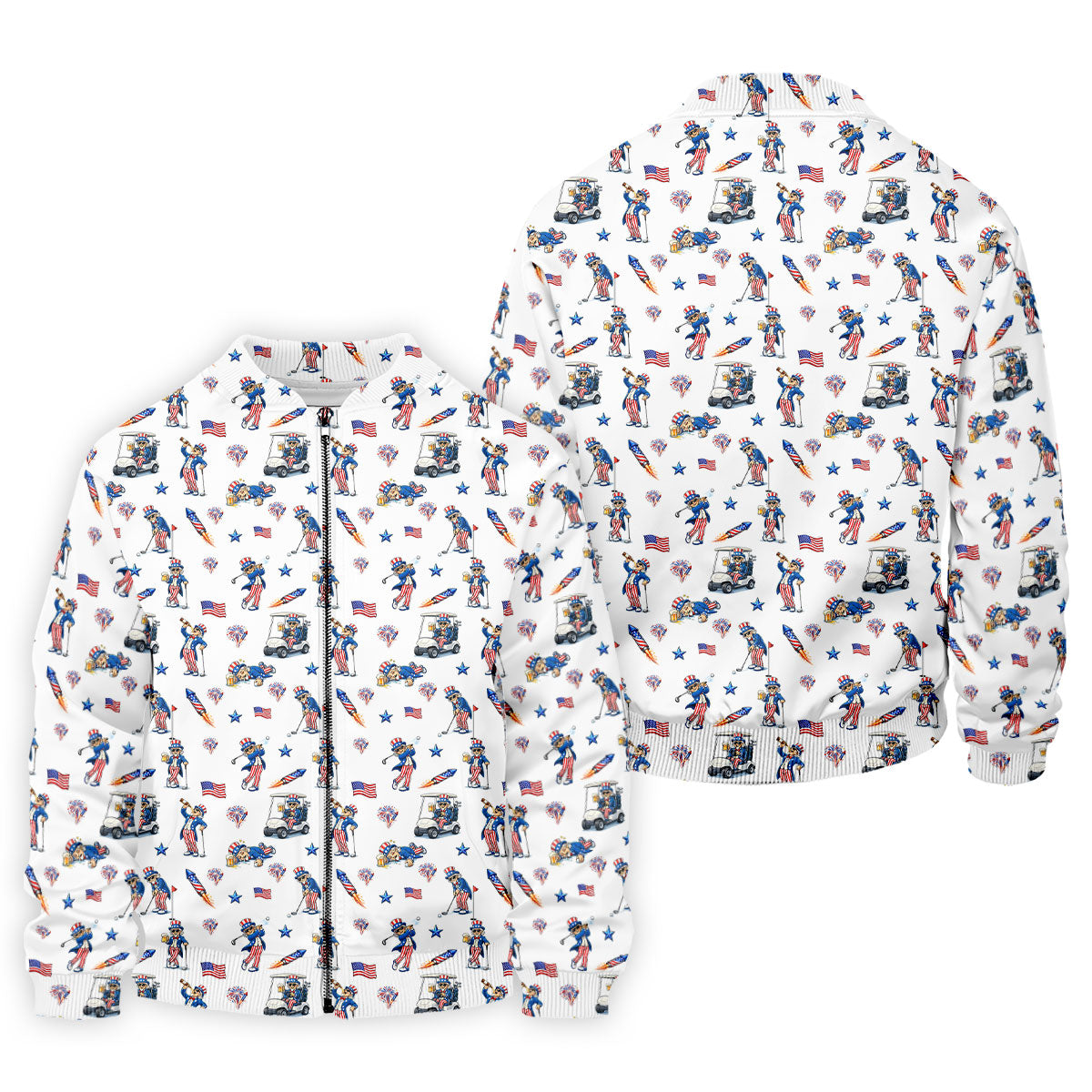 Patriotic Man Golf And Beer Funny 4th Of July White Golf Shirt, 250 Years Seamless Pattern Golf Shirts For Men