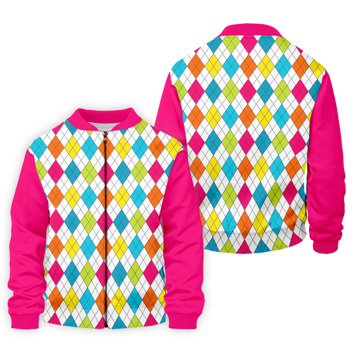 Pink Sleeve Colorful Argyle Plaid Golf Shirt, Mens Golf Polo, Printed Golf Shirts