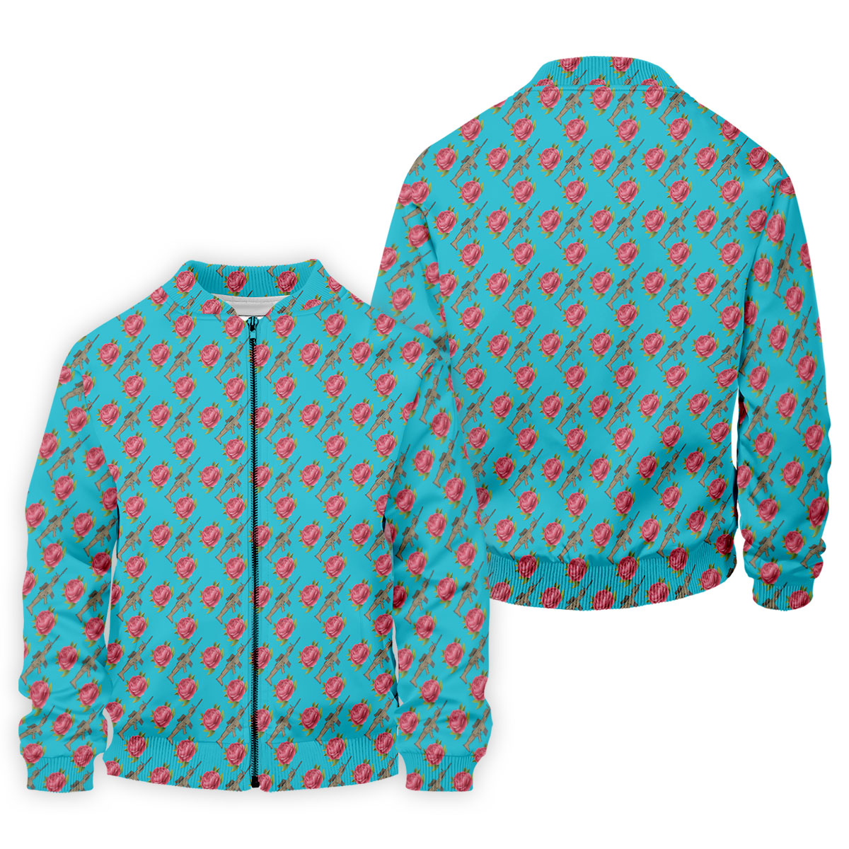 Gun And Rose Seamless Pattern Blue Golf Shirt, Golf Tops For Men, Golf Shirts For Men