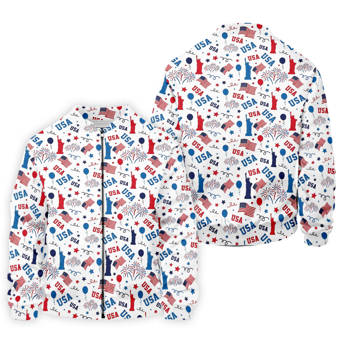 USA Red White Blue Seamless Pattern White Golf Shirt, 250th Anniversary Patriotic 4th Of July Golf Shirts For Men