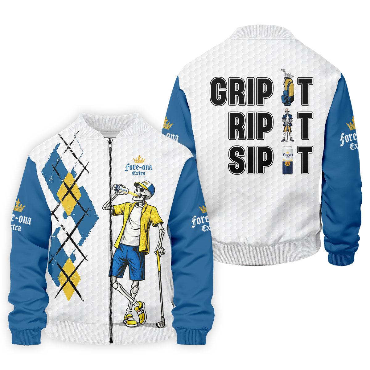 Blue Yellow Skeleton Golfer Beer Polo Shirt, Mens Golf Polo, Golf Apparel For Men