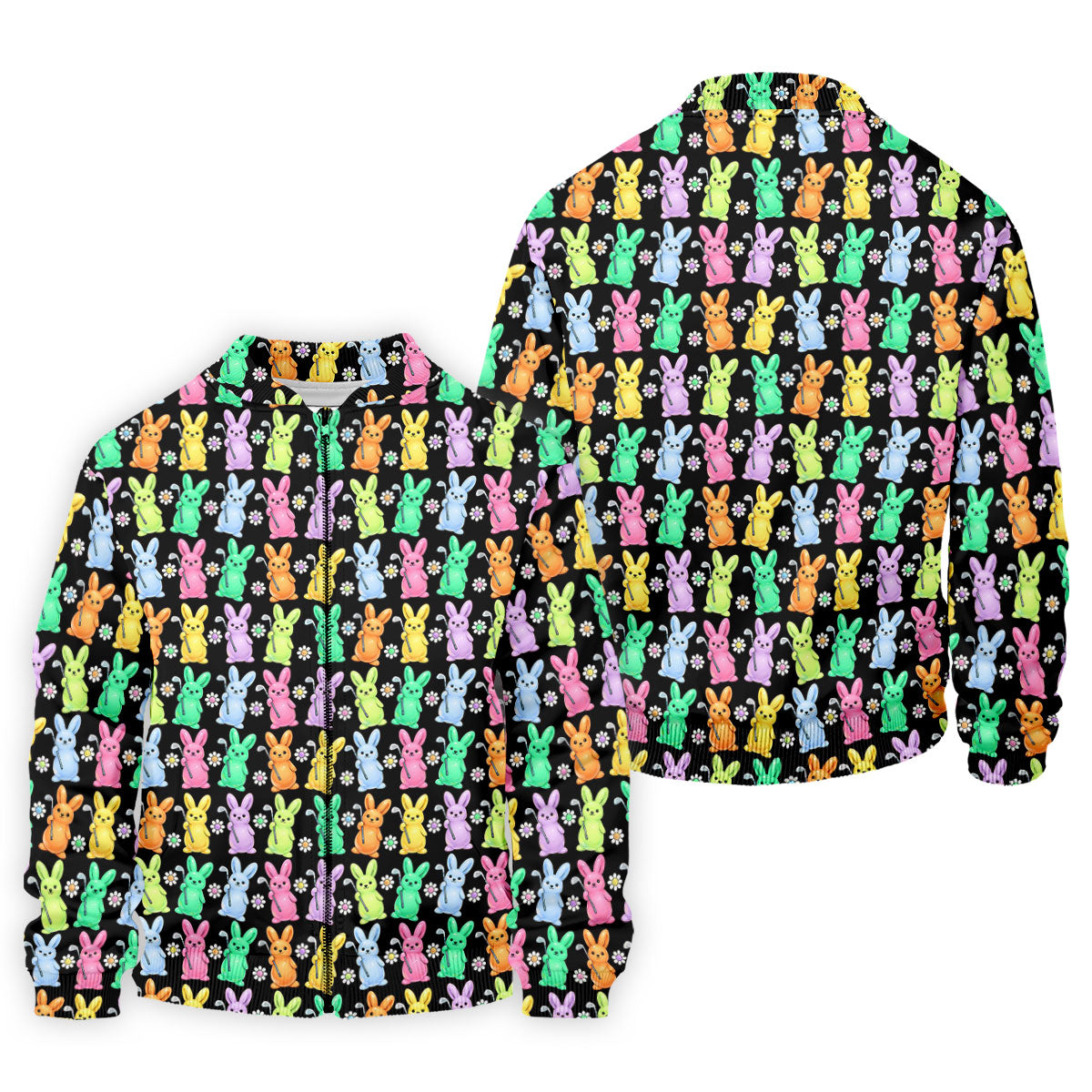Colorful Easter Bunny Black Golf Shirt, Cute Golf Outfit, Golf Shirts For Men, Golf Gift For Men
