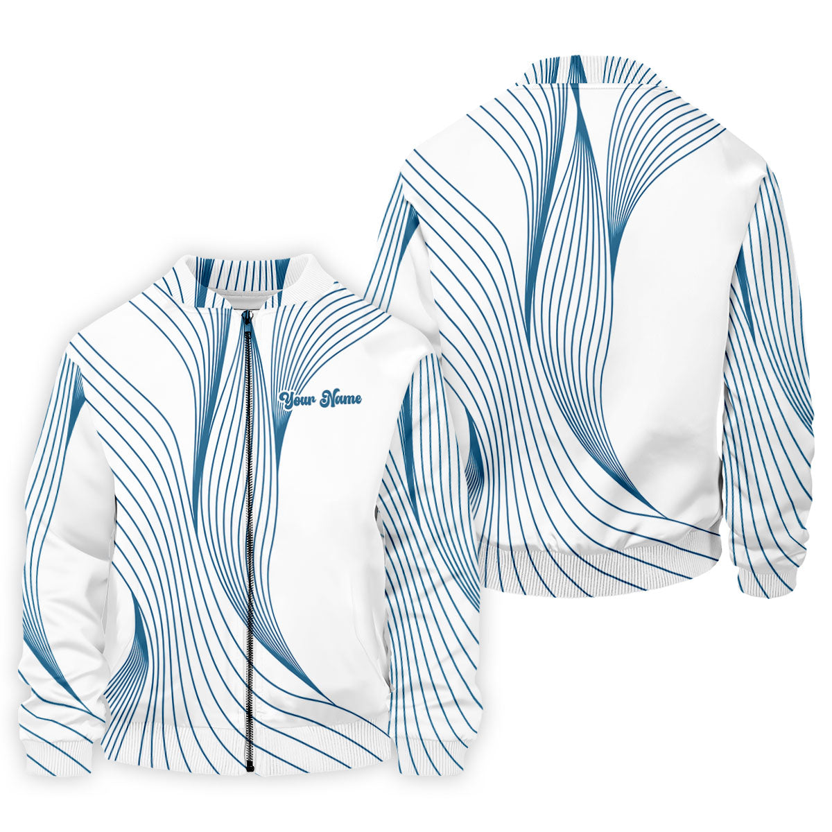 Geometric Line Wavy Line Blue And White Custom Name Golf Shirts For Men, Men's Golf Shirt, Polo ShirtFor Men