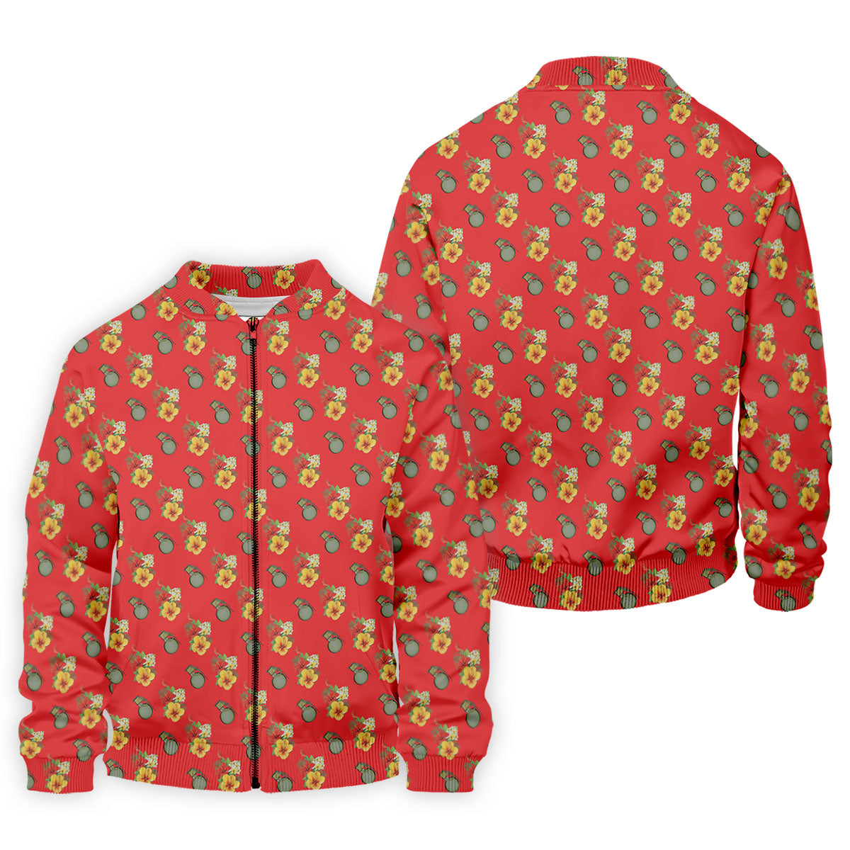 Hibiscus Flowers Green Grenades Seamless Pattern Red Golf Shirt, Golf Tops For Men, Golf Shirts For Men