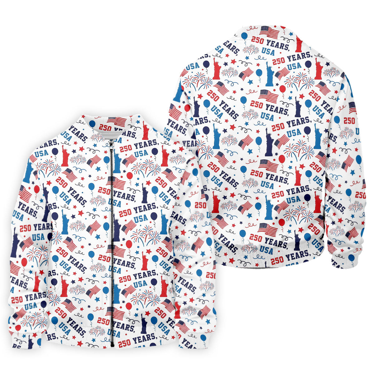 250 Years USA Red White Blue Seamless Pattern White Golf Shirt, Patriotic 4th Of July Golf Shirts For Men