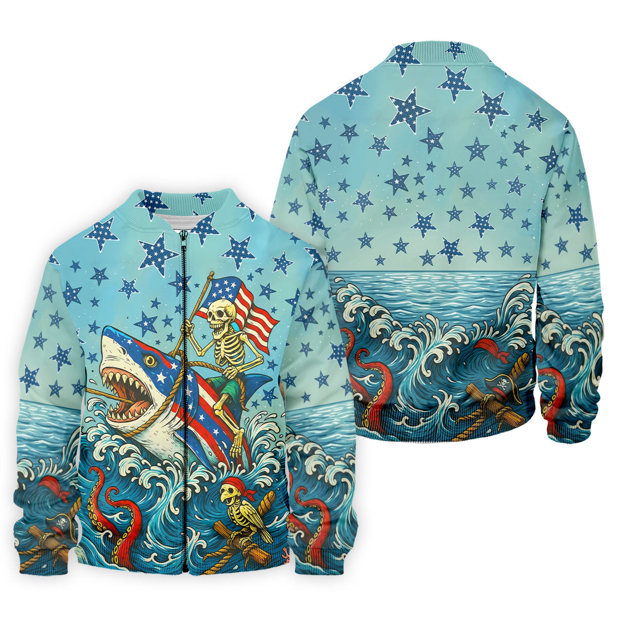 Skeleton Riding Shark Patriotic Golf Shirt, 4th Of July Golf Shirt, 250 Years Polo Shirtor Men