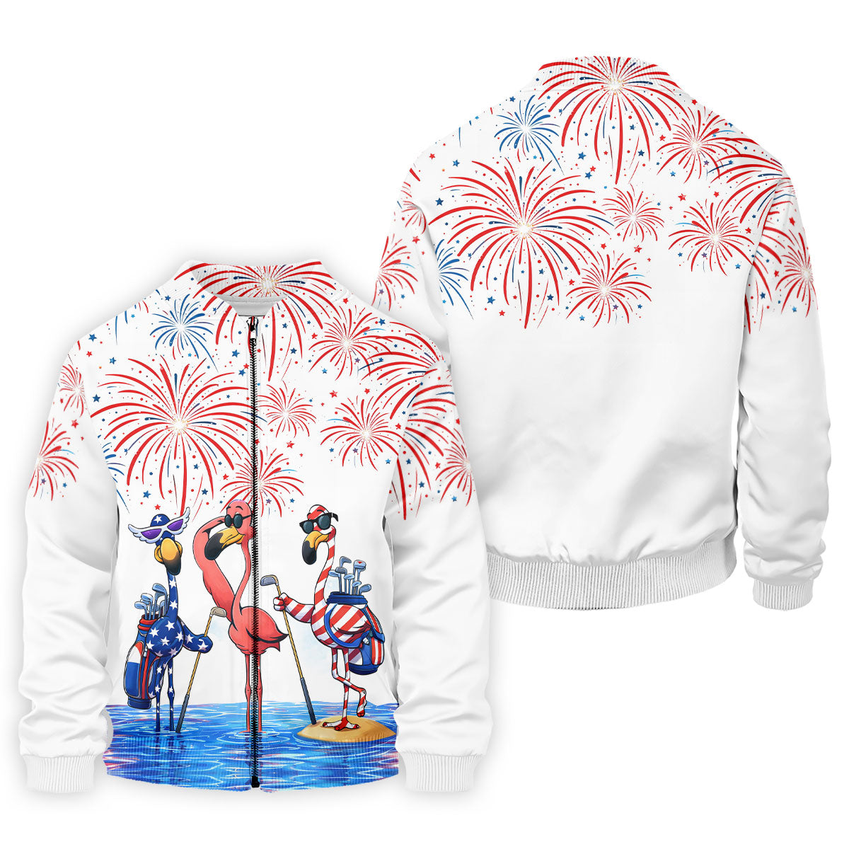 Funny Flamingo American Flag Pattern White Golf Shirt, 250th Anniversary Patriotic Golf Shirt, Golf Shirts For Men