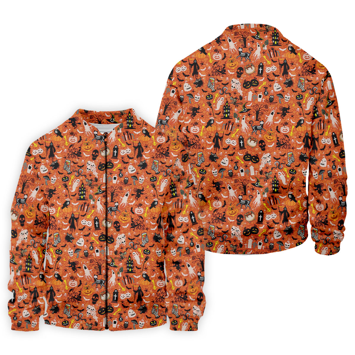 Halloween Skull Witch Cat Orange Golf Shirt, Funny Halloween Polo ShirtFor Men, Golf Gift For Men