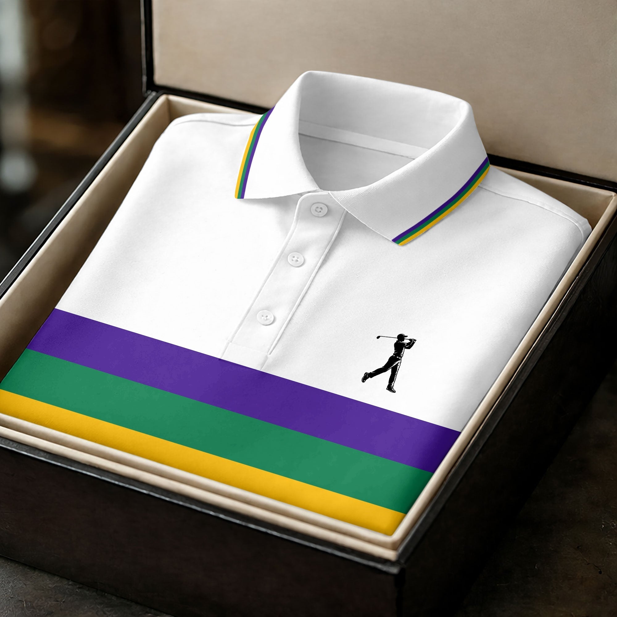 Mardi Gras Purple Green Gold Horizontal Stripes White Golf Shirt, Golf Tops For Men, Polo ShirtFor Men