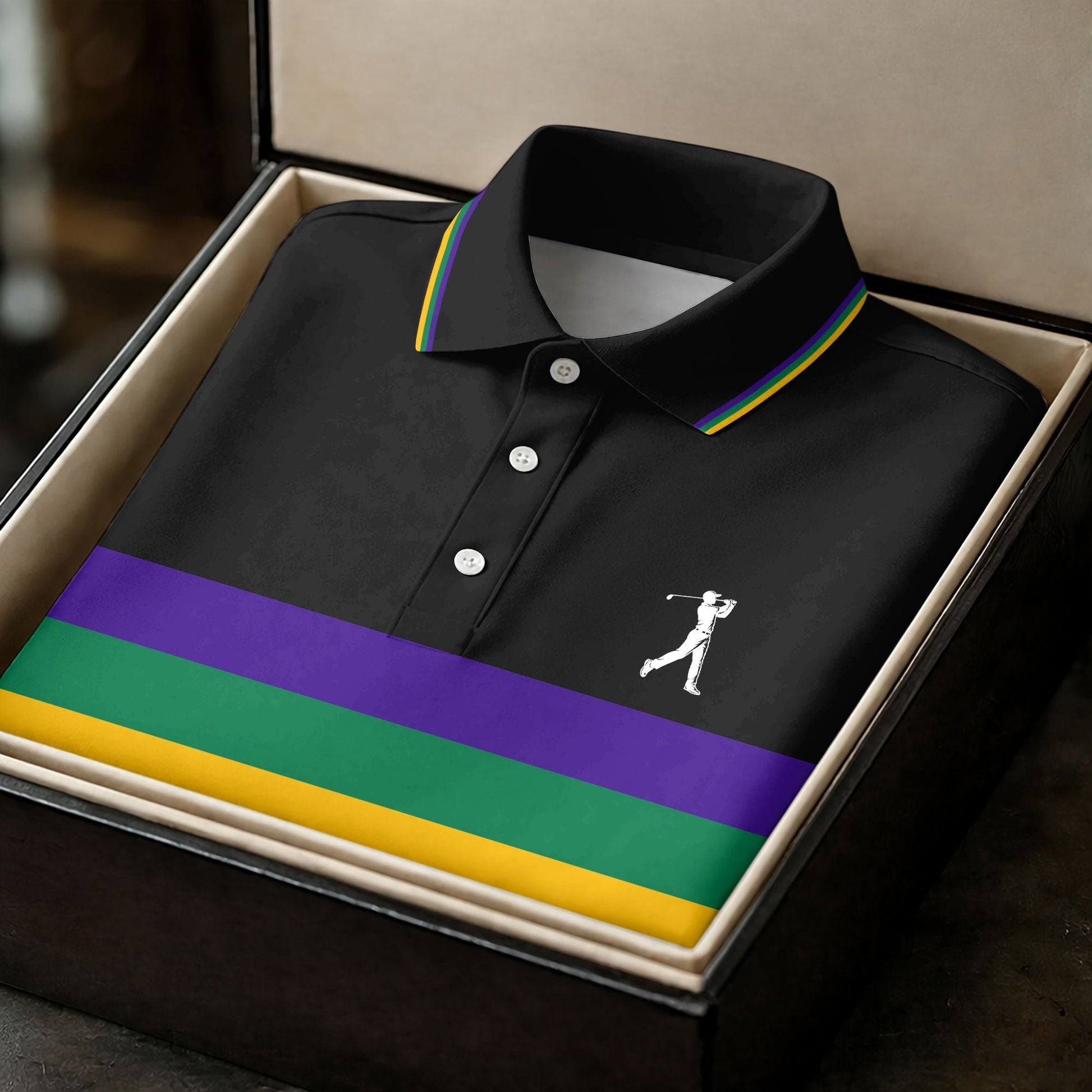 Mardi Gras Purple Green Gold Horizontal Stripes Black Golf Shirt, Golf Tops For Men, Polo ShirtFor Men