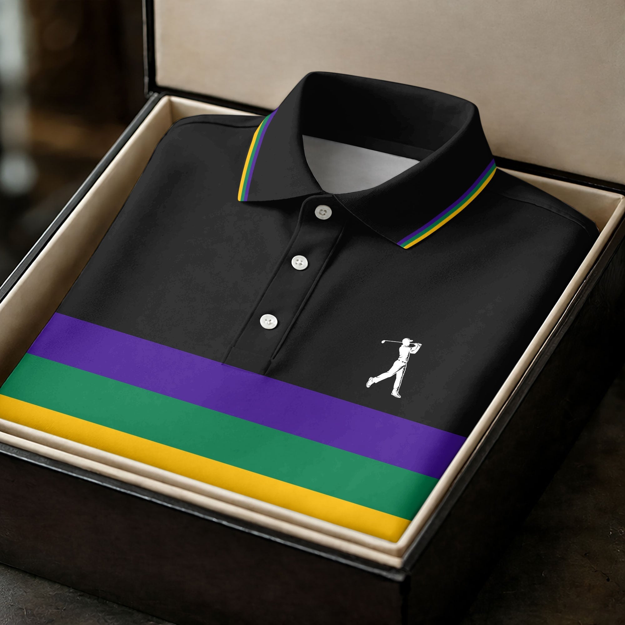 Mardi Gras Purple Green Gold Horizontal Stripes Black Golf Shirt, Golf Tops For Men, Polo ShirtFor Men